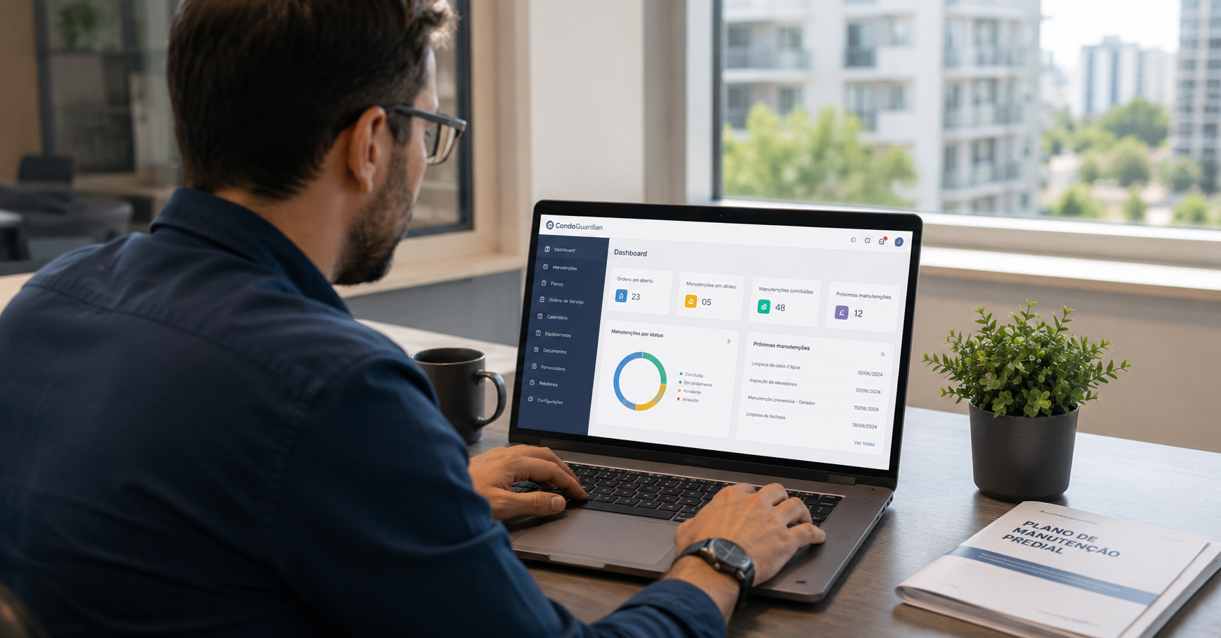 Ilustração de painel de controle e dashboard de gestão para síndicos com a identidade visual do Condo Guardian